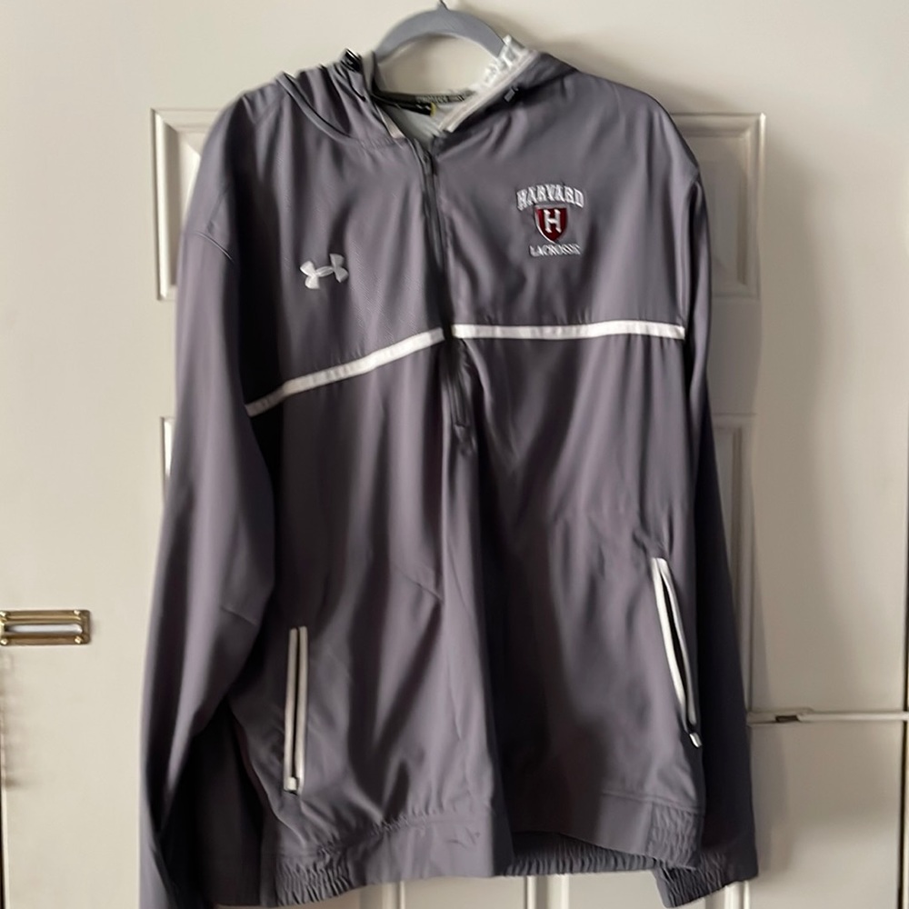 3/4 zip hooded jacket. Harvard Lacrosse. Number 44 on sleeve.